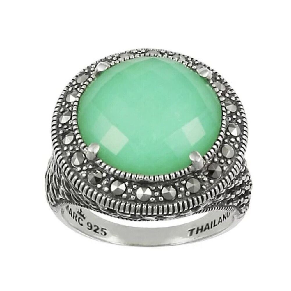 QVC Suspicion‎ Size 7 Jade Sterling Silver Marcasite Ring Cocktail Signed New